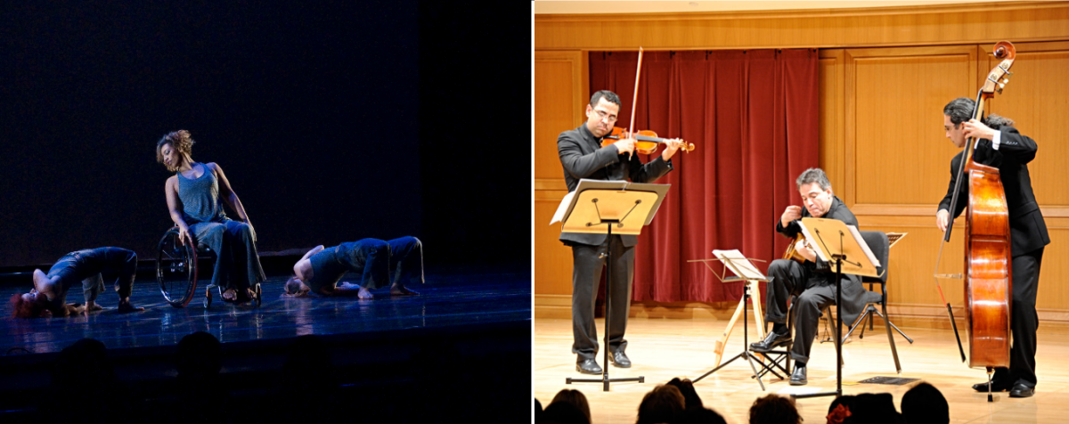 composite image with three dancers (one in wheelchair) on left, string trio in concert on right